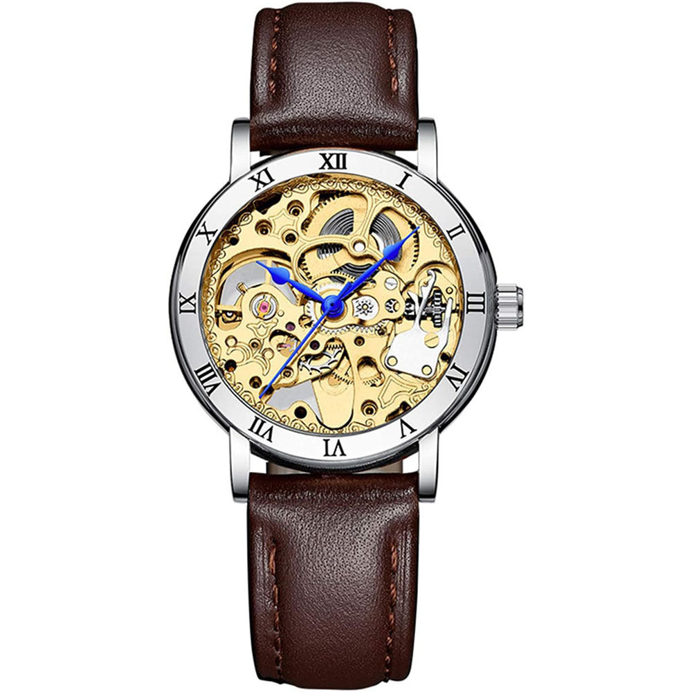 Luxury Automatic Mechanical Skeleton Watch with Steel or Leather Strap